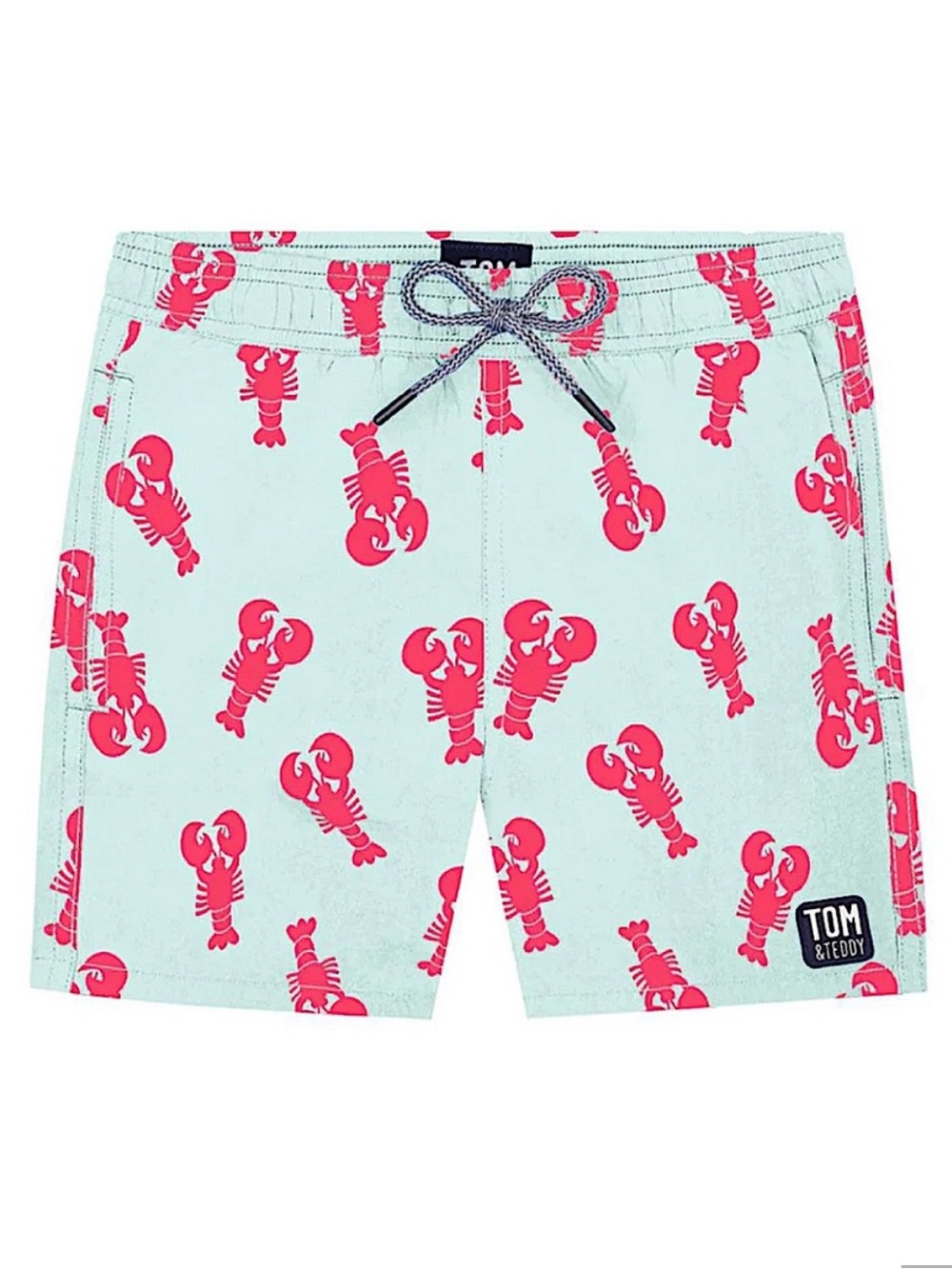 NWT! Tom & Teddy Light Blue & Berry Lobster Bathing Suit Swim Trunks Sz 7-8 $60